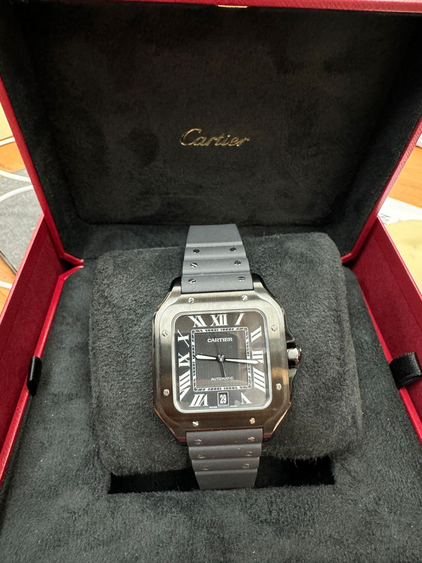 Cartier Santos de Cartier Stainless Steel 39.8 MM (Large Model) - Black Leather Strap - Black Dial - WSSA0039