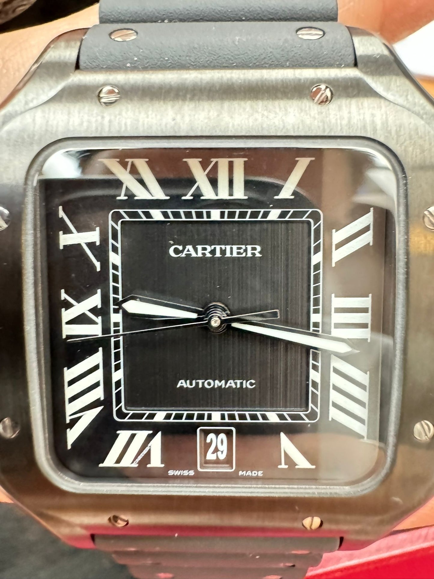 Cartier Santos de Cartier Stainless Steel 39.8 MM (Large Model) - Black Leather Strap - Black Dial - WSSA0039