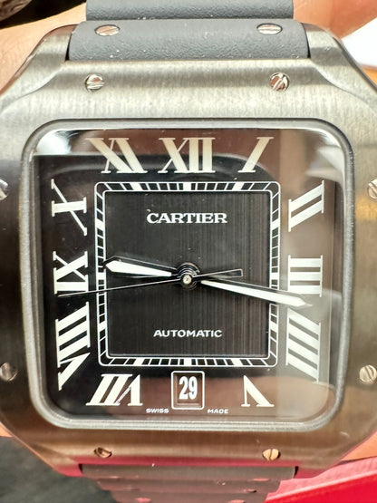 Cartier Santos de Cartier Stainless Steel 39.8 MM (Large Model) - Black Leather Strap - Black Dial - WSSA0039