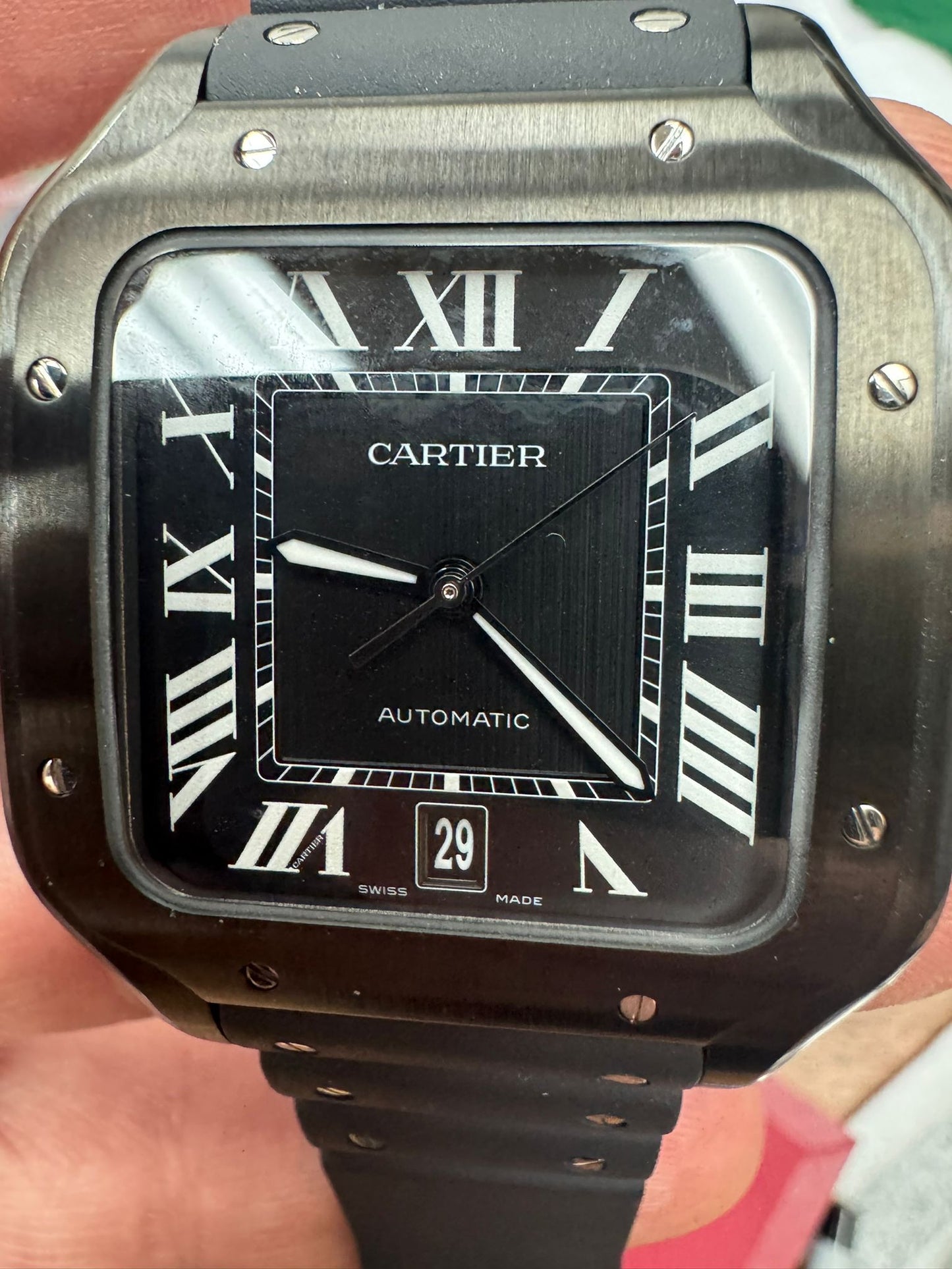 Cartier Santos de Cartier Stainless Steel 39.8 MM (Large Model) - Black Leather Strap - Black Dial - WSSA0039