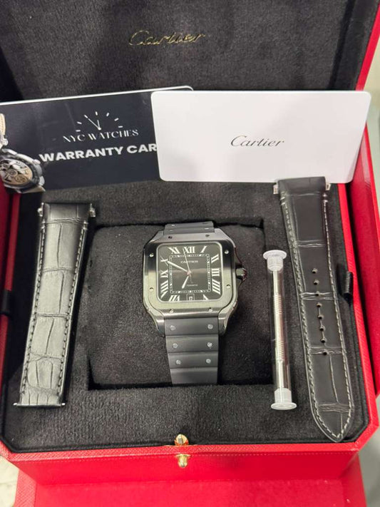 Cartier Santos de Cartier Stainless Steel 39.8 MM (Large Model) - Black Leather Strap - Black Dial - WSSA0039