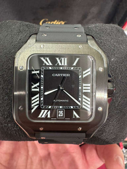 Cartier Santos de Cartier Stainless Steel 39.8 MM (Large Model) - Black Leather Strap - Black Dial - WSSA0039