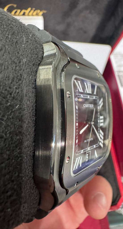 Cartier Santos de Cartier Stainless Steel 39.8 MM (Large Model) - Black Leather Strap - Black Dial - WSSA0039