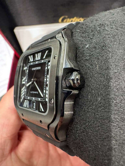 Cartier Santos de Cartier Stainless Steel 39.8 MM (Large Model) - Black Leather Strap - Black Dial - WSSA0039