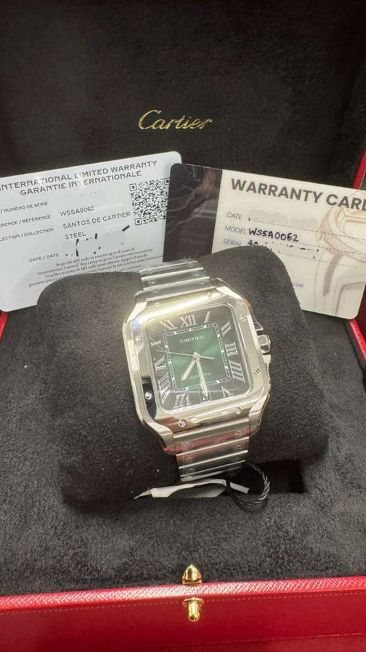 Cartier Santos de Cartier Stainless Steel 39.8 MM (Large Model) - Stainless Steel Bracelet - Green Dial - WSSA0062