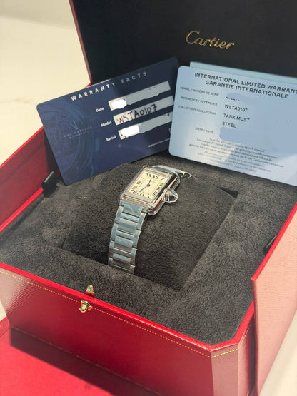 Cartier Tank Stainless Steel (Medium Model) 29 MM - Stainless Steel Bracelet - Stainless Steel Bezel - Silver Dial - WSTA0051