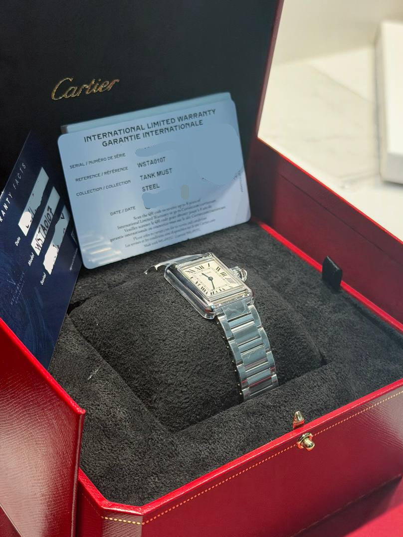 Cartier Tank Stainless Steel (Medium Model) 29 MM - Stainless Steel Bracelet - Stainless Steel Bezel - Silver Dial - WSTA0051