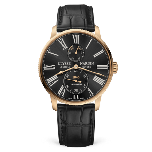 Ulysse Nardin Marine Rose Gold 42 MM -  Black Leather Strap - Black Dial - 1182-310/42