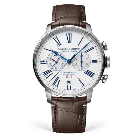 Ulysse Nardin Marine Stainless Steel 44 MM -  Brown Leather Strap - White Dial - 1533-320LE-0A-175/1A