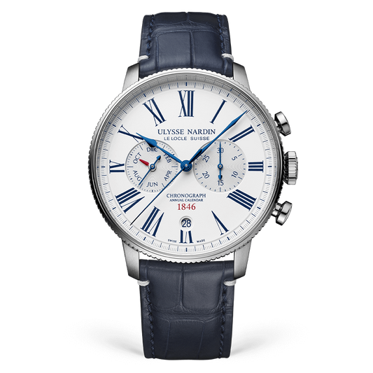 Ulysse Nardin Marine Stainless Steel 44 MM -  Blue Leather Strap - White Dial - 1533-320LE-0A-175/1B