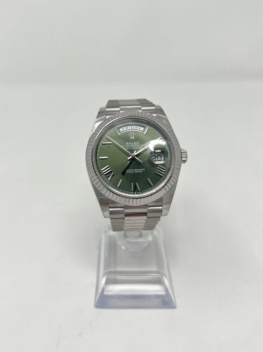 Rolex Presidential White Gold Day-Date 40MM - President Bracelet Watch - Olive Green Bevelled Roman Dial - 228239 ogrp