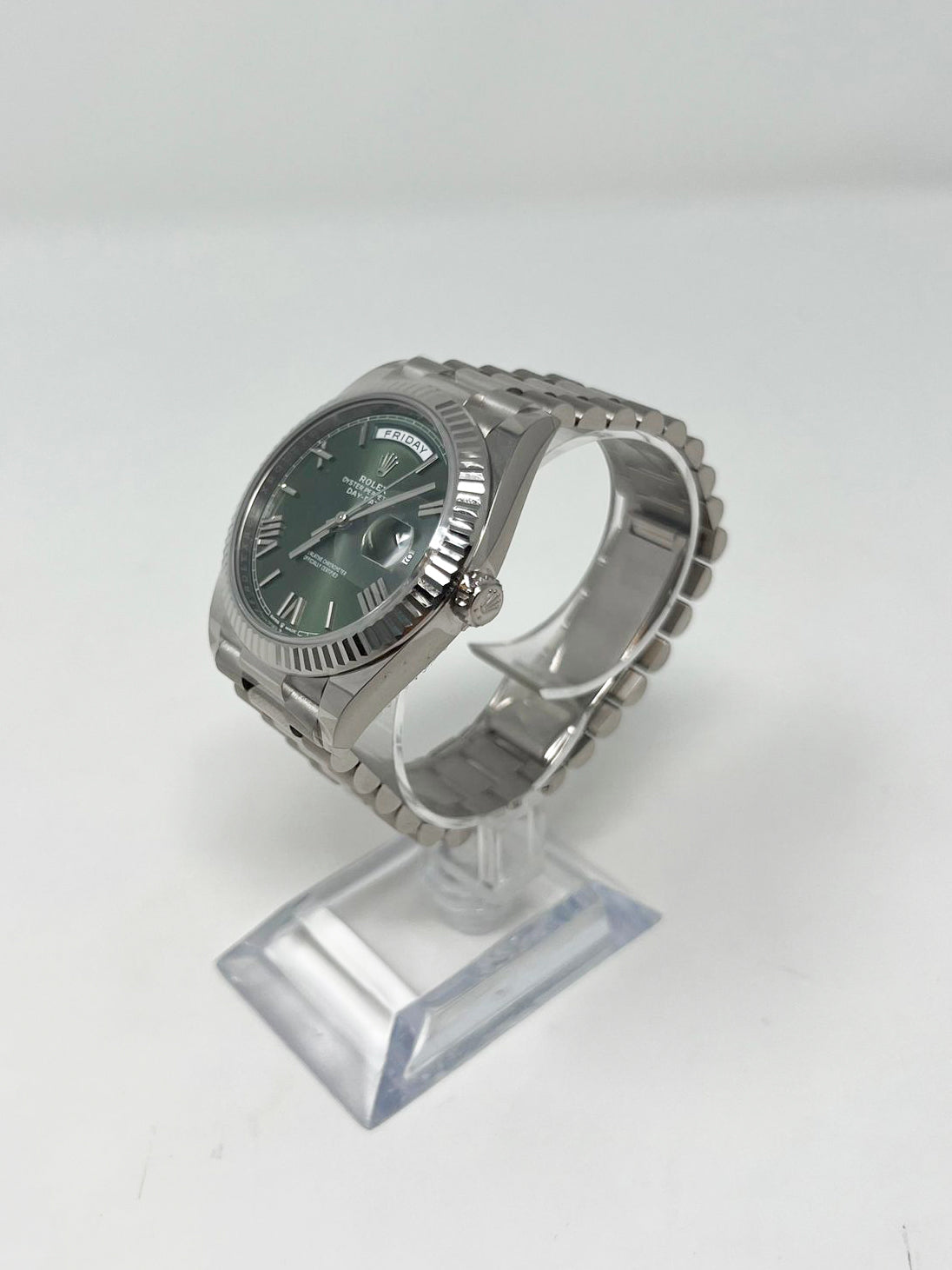 Rolex Presidential White Gold Day-Date 40MM - President Bracelet Watch - Olive Green Bevelled Roman Dial - 228239 ogrp