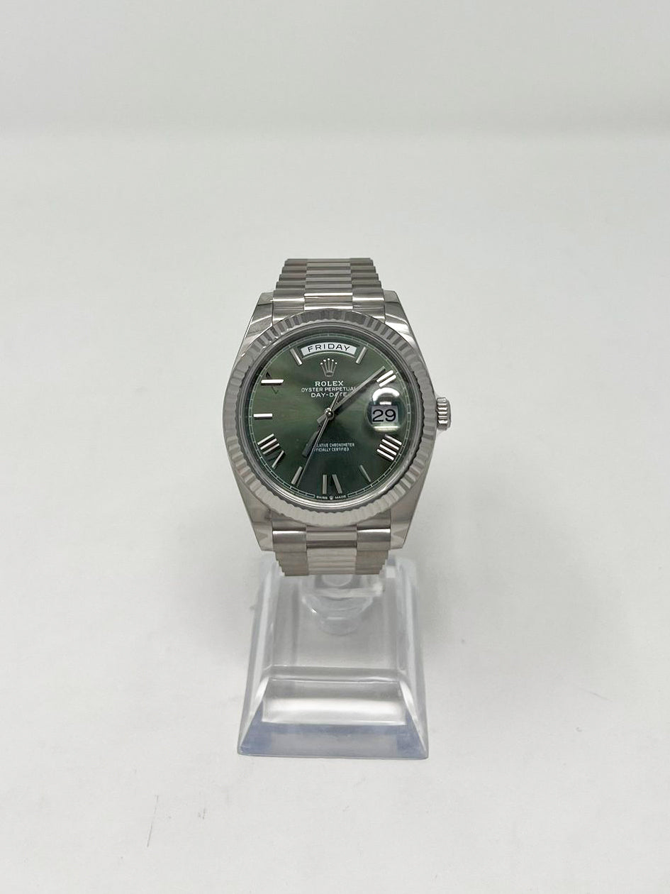 Rolex Presidential White Gold Day-Date 40MM - President Bracelet Watch - Olive Green Bevelled Roman Dial - 228239 ogrp