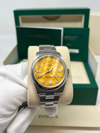 Rolex Stainless Steel Oyster Perpetual no date Watch - 41 MM - Oyster Bracelet - Yellow Dial -  124300-0004