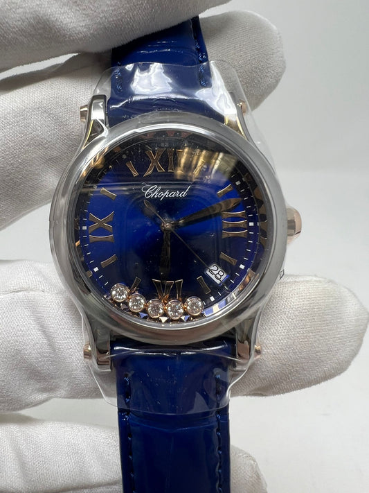 Chopard Happy Sport Stainless Steel and Rose Gold 36 MM - Blue Alligator Strap - Blue Diamond Dial - 278582-6012