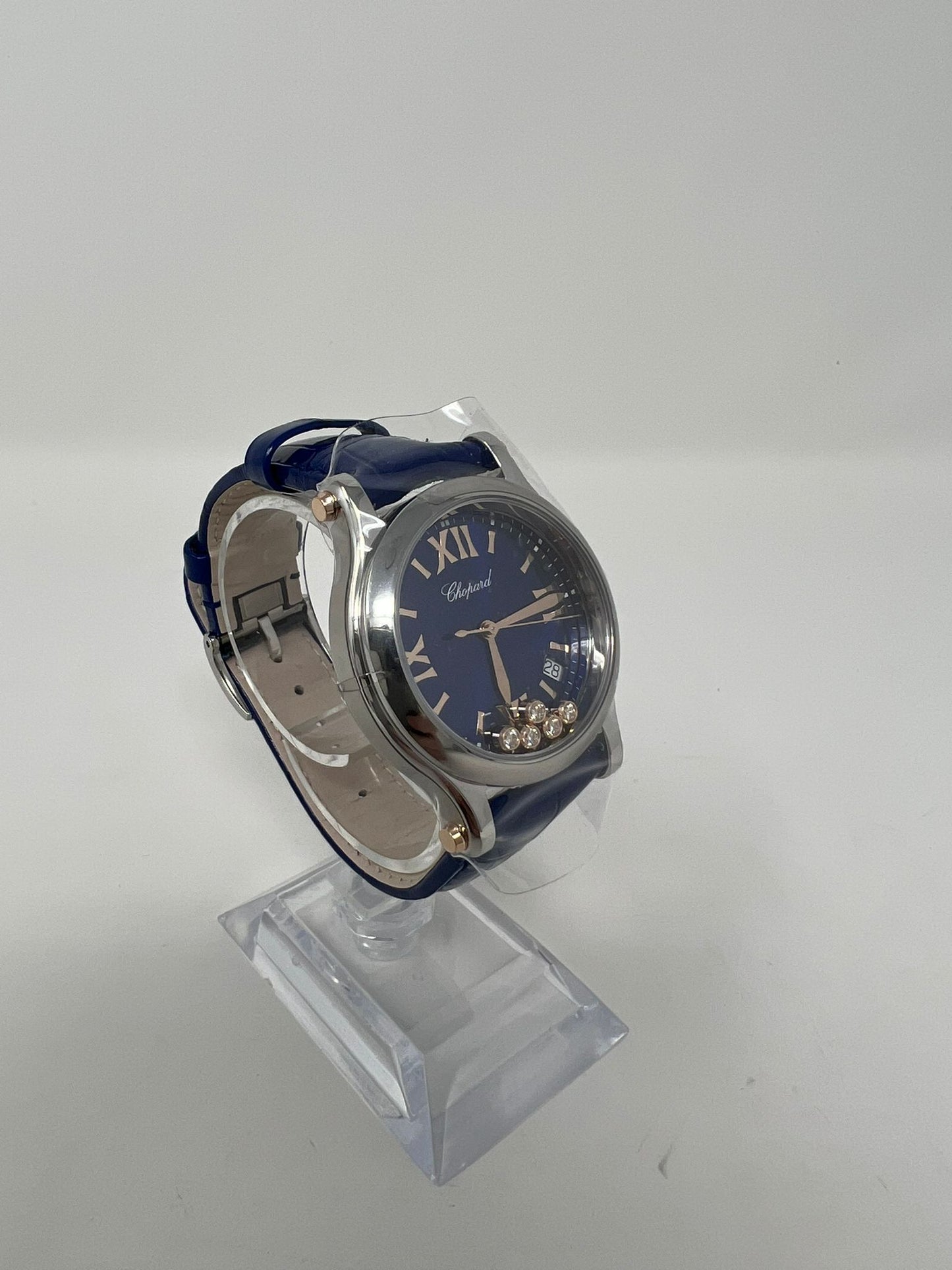 Chopard Happy Sport Stainless Steel and Rose Gold 36 MM - Blue Alligator Strap -  Blue Diamond Dial - 278582-6012