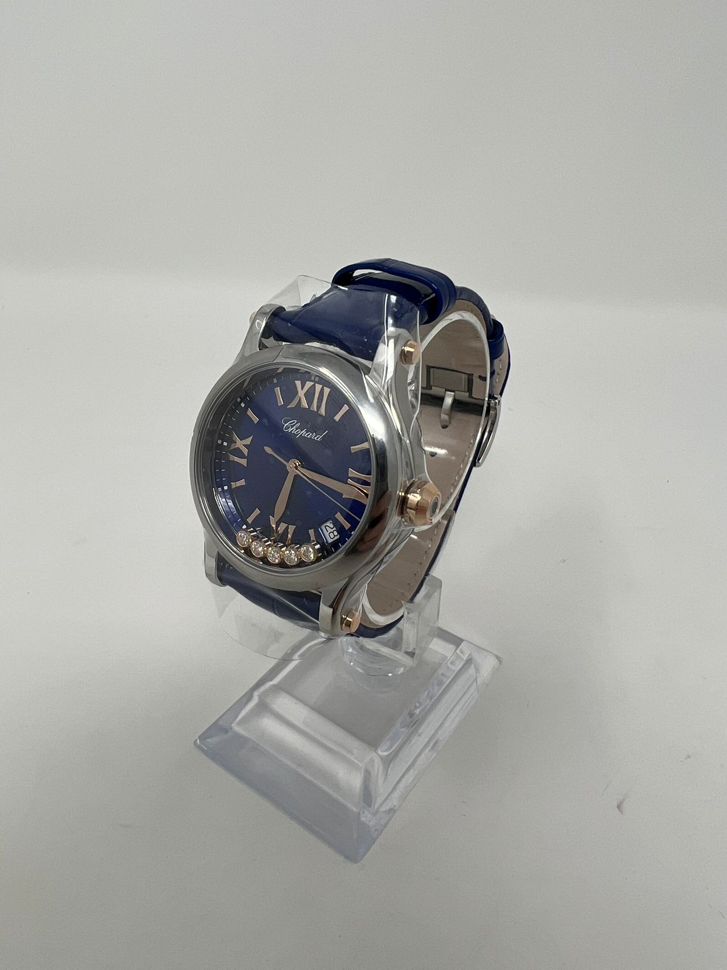 Chopard Happy Sport Stainless Steel and Rose Gold 36 MM - Blue Alligator Strap -  Blue Diamond Dial - 278582-6012