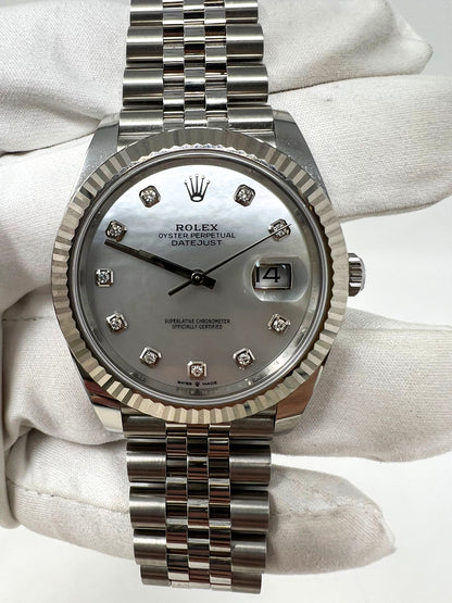 Rolex Stainless Steel and White Gold Datejust 41 Date Watch - 41 MM - Jubilee Bracelet - Fluted Bezel - Mother Of Pearl Diamond Dial - 126334-0020
