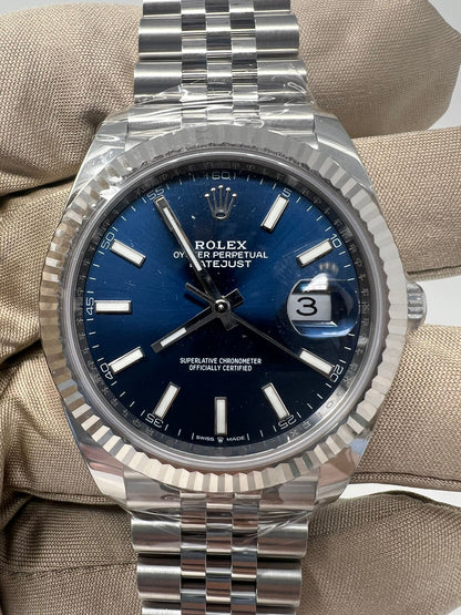 Rolex Stainless Steel and White Gold Datejust 41 Date Watch - 41 MM - Jubilee Bracelet - Fluted Bezel - Blue Dial - 126334-0002