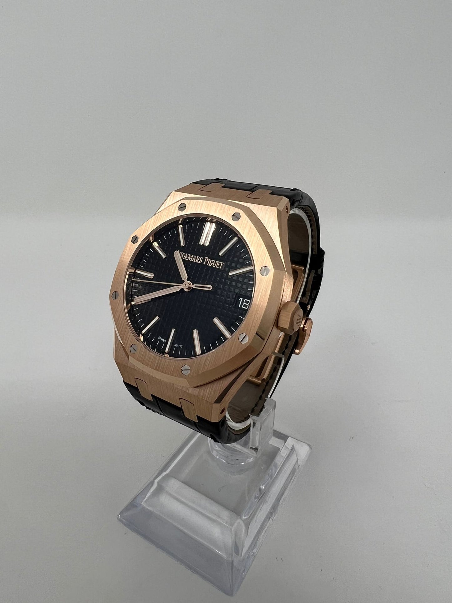 Audemars Piguet Royal Oak Pink Gold Selfwinding 41 MM - Black Leather Strap - Black Dial - 15510OR.OO.D002CR.02