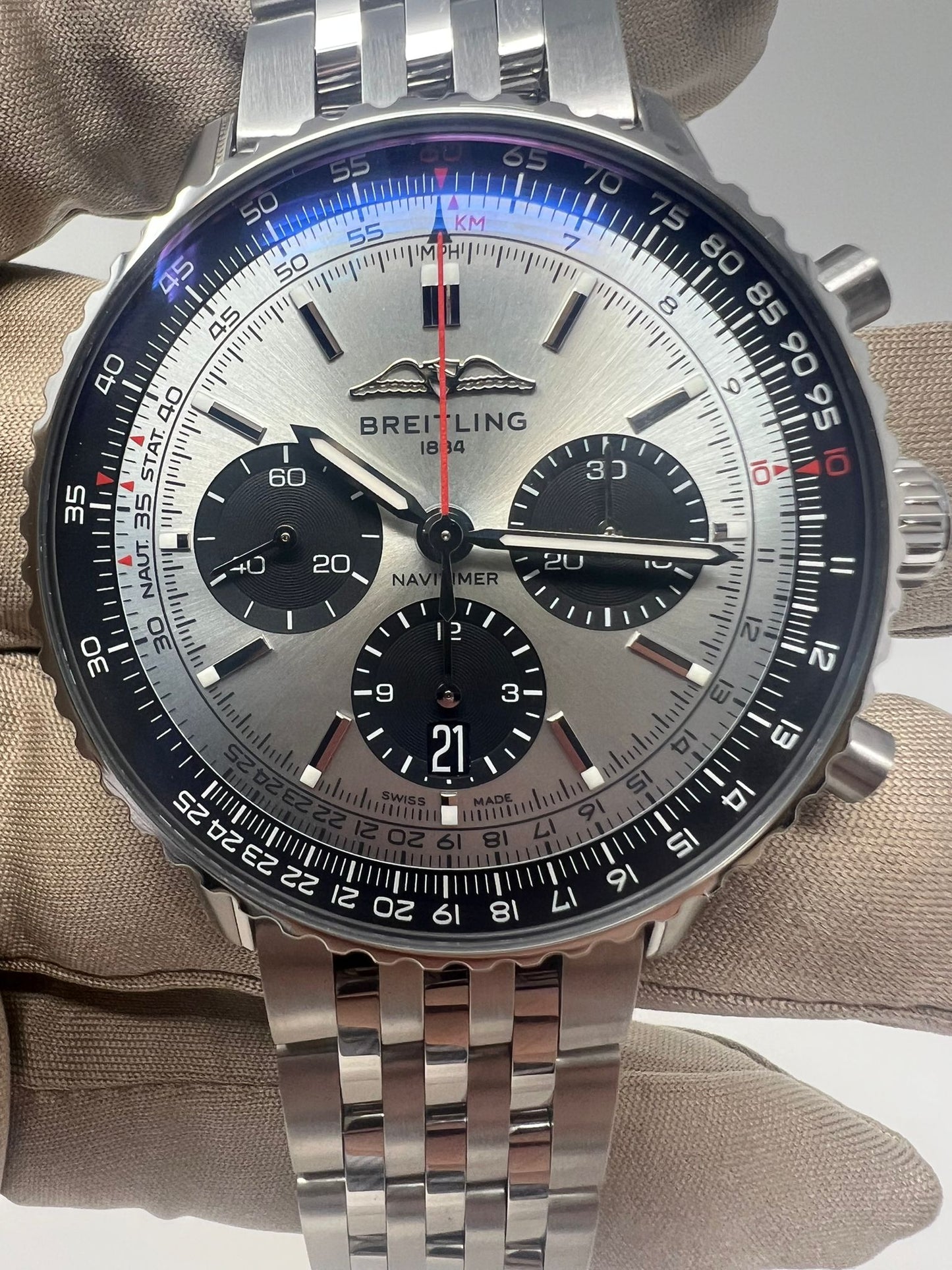 Breitling Navitimer Stainless Steel 43 MM - Stainless Steel Bracelet - Ice Blue Dial -  AB0138241C1A1