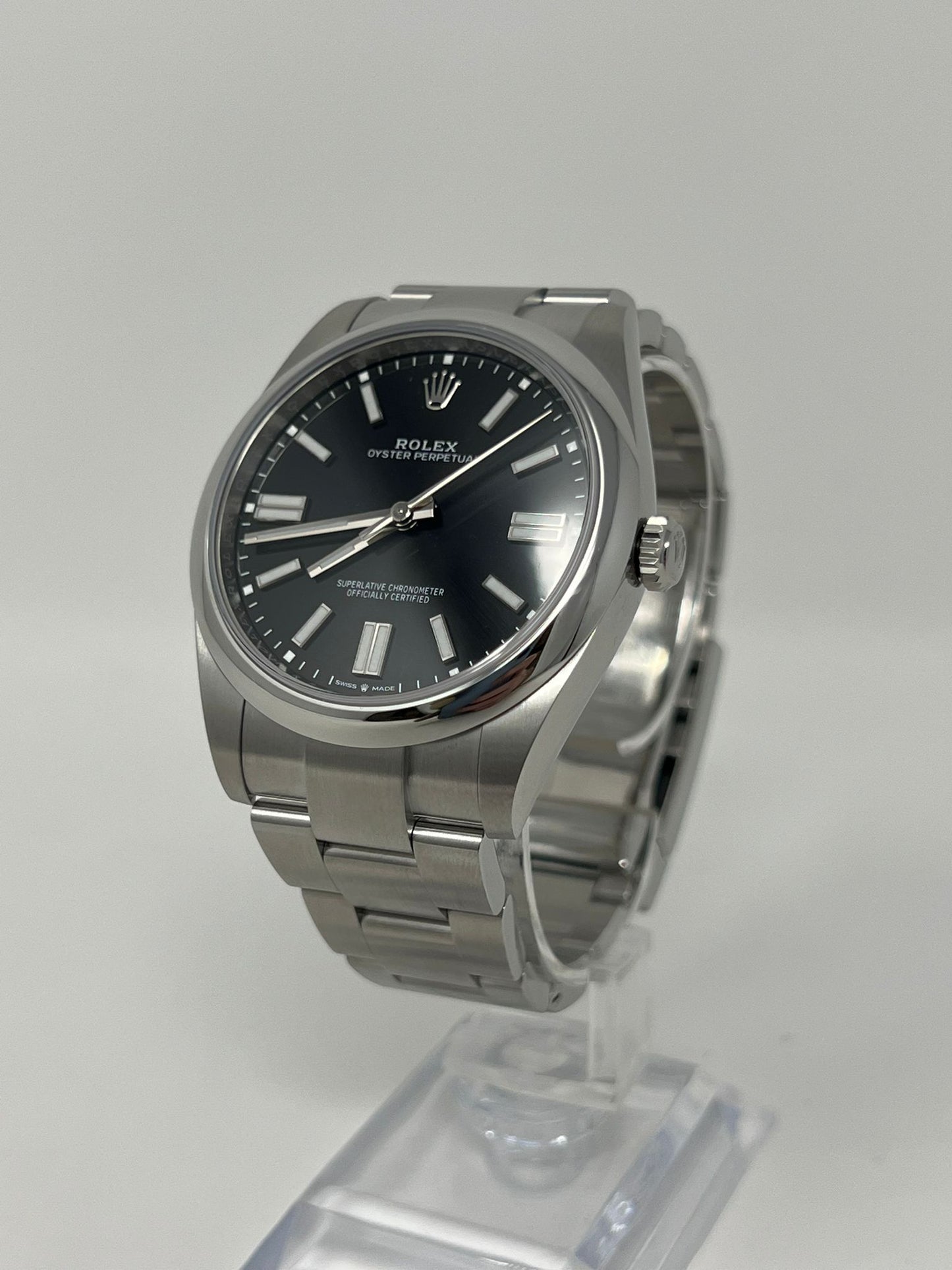 Rolex Stainless Steel Oyster Perpetual no date Watch - 41 MM - Oyster Bracelet - Black Dial - 124300 bkio