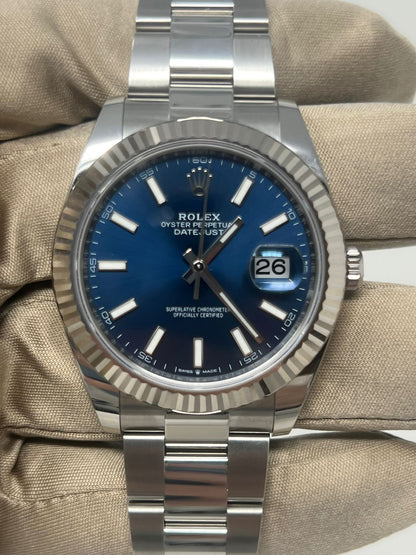 Rolex Stainless Steel and White Gold Datejust 41 Date Watch - 41 MM - Oyster Bracelet - Fluted Bezel - Blue Dial - 126334-0001
