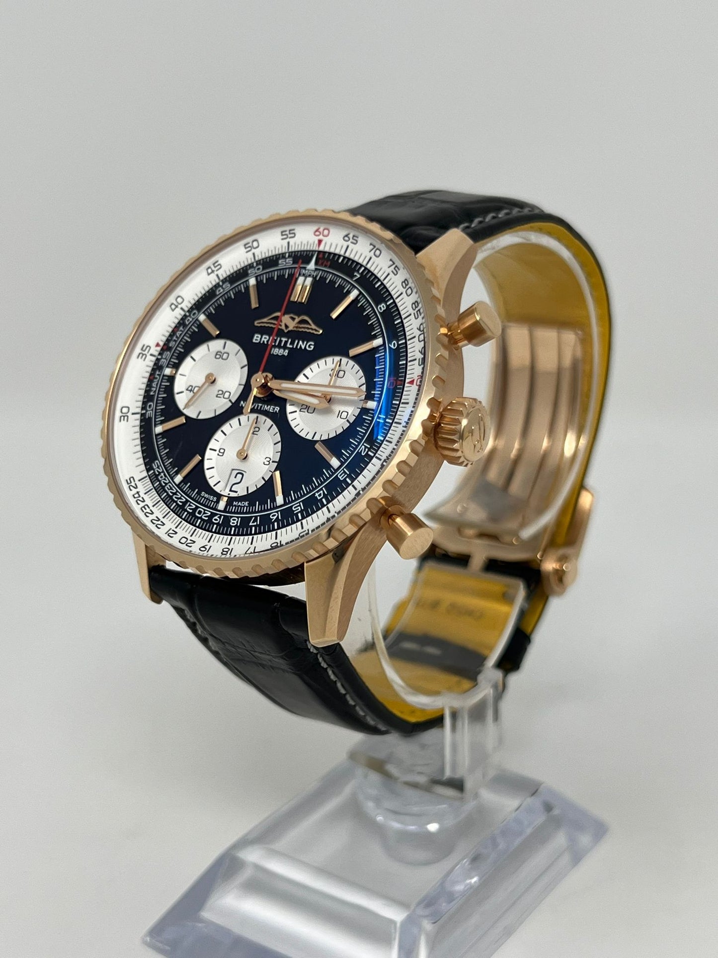 Breitling Navitimer Rose Gold 43 MM - Black Leather Strap  - Black  Dial - RB0138211B1P1