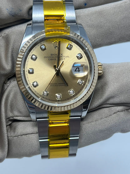 Rolex Stainless Steel And Yellow Gold Datejust - 36 MM - Oyster Bracelet - Fluted Bezel - Champagne Diamond Dial - 126233-0018