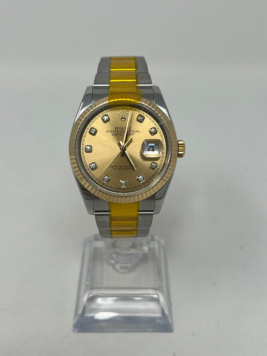 Rolex Stainless Steel And Yellow Gold Datejust - 36 MM - Oyster Bracelet - Fluted Bezel - Champagne Diamond Dial - 126233 chdogk