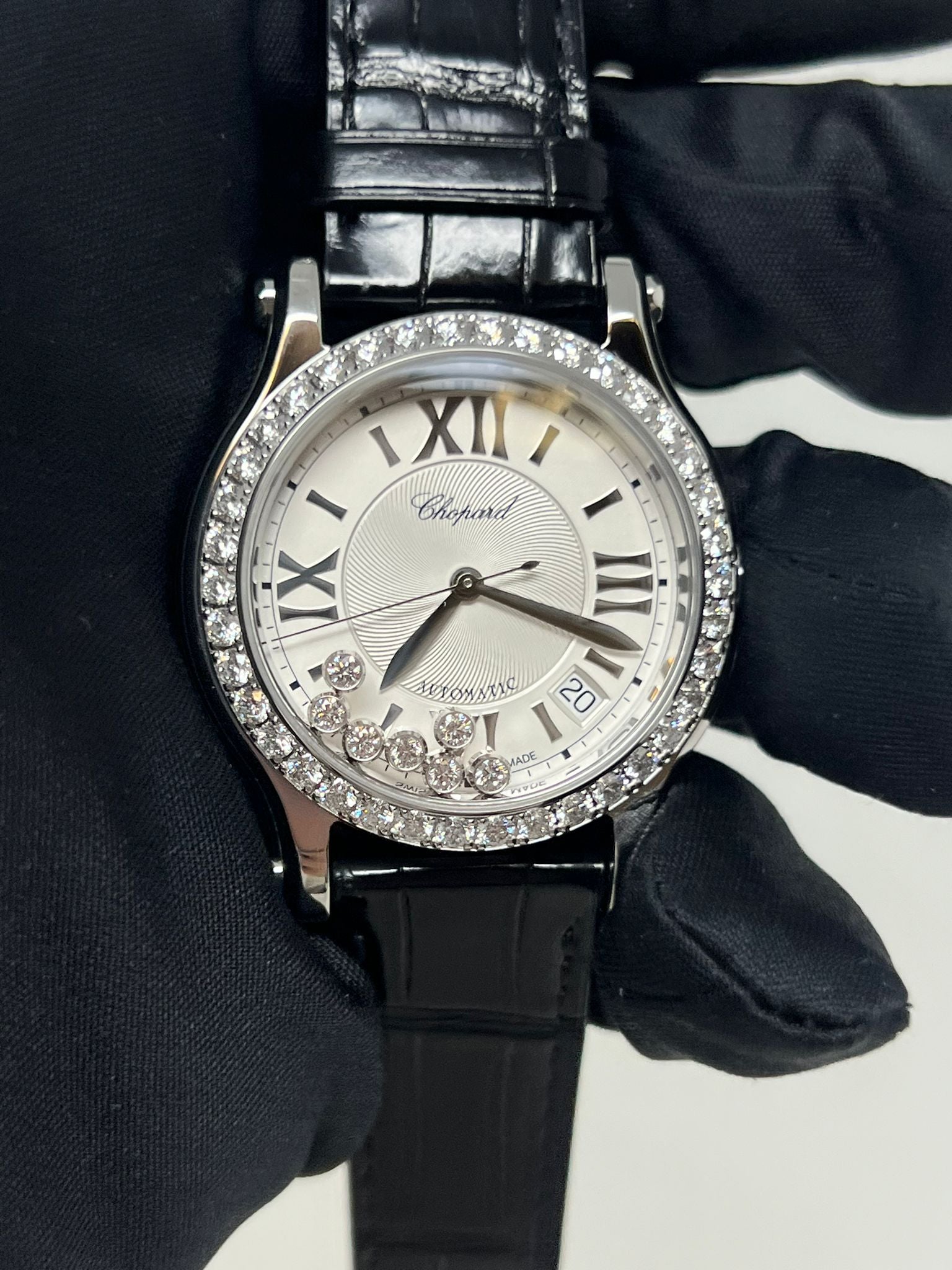 Chopard Happy Sport Stainless Steel 36 MM - Black Leather Strap - Diamond bezel - White Diamond Dial - 278559-3003