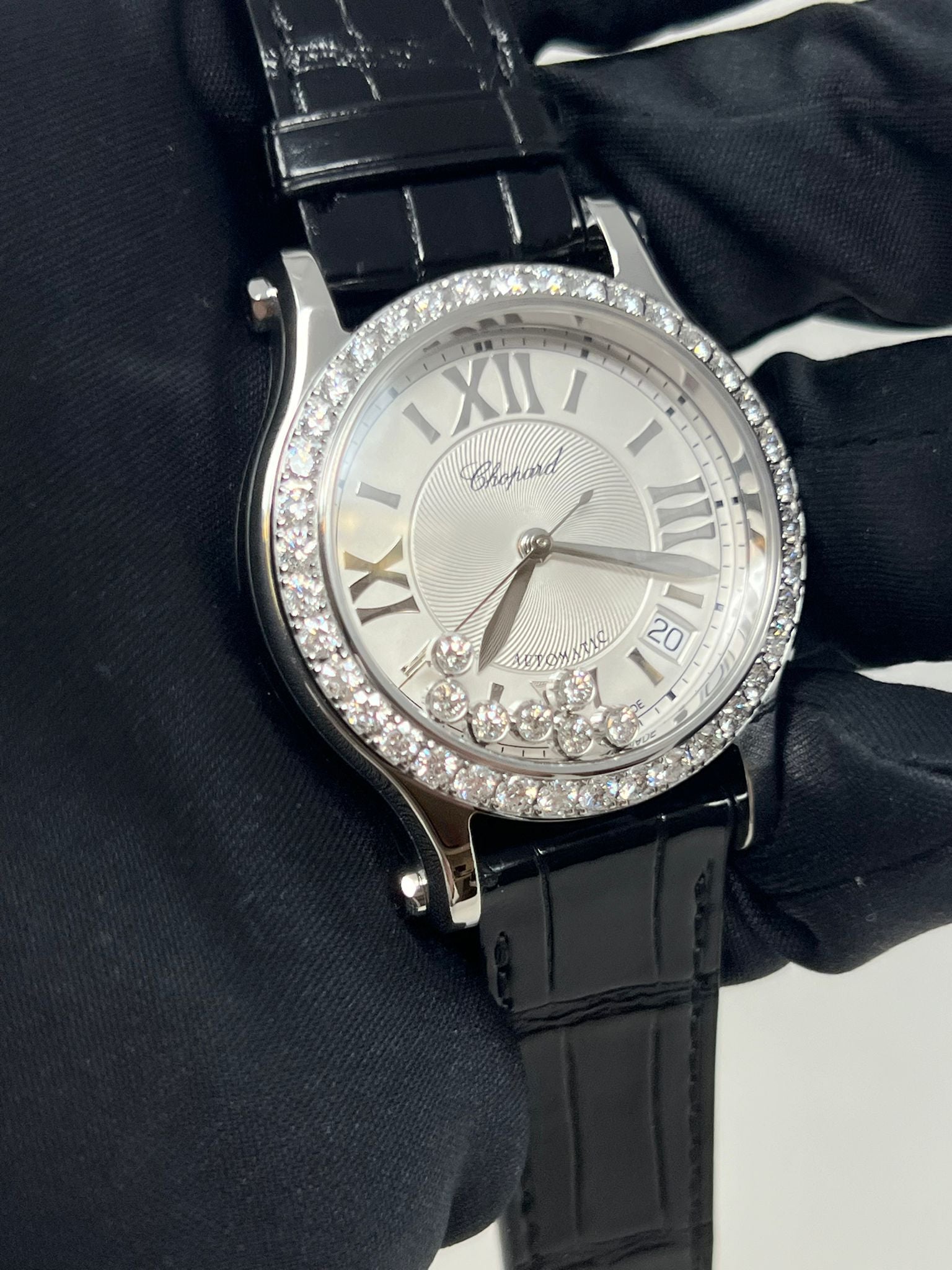 Chopard Happy Sport Stainless Steel 36 MM - Black Leather Strap - Diamond bezel - White Diamond Dial - 278559-3003