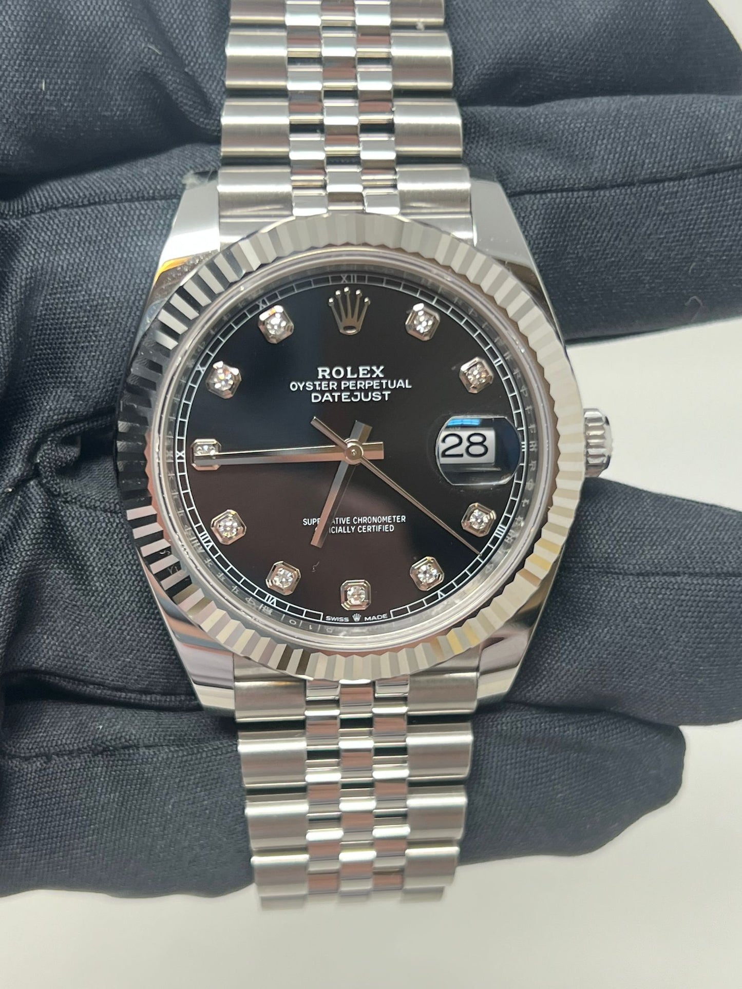 Rolex Stainless Steel and White Gold Datejust 41 Date Watch - 41 MM - Jubilee Bracelet - Fluted Bezel - Black Diamond Dial - 126334 bkdj