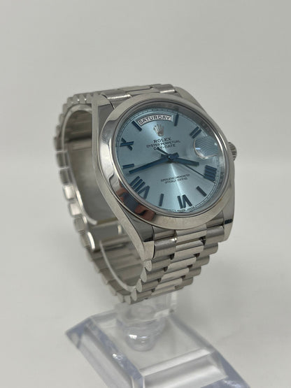 Rolex Presidential Platinum Day-Date 40MM - President Bracelet Watch - Smooth Bezel - Ice Blue Quadrant Motif Bevelled Roman Dial - 228206-0001