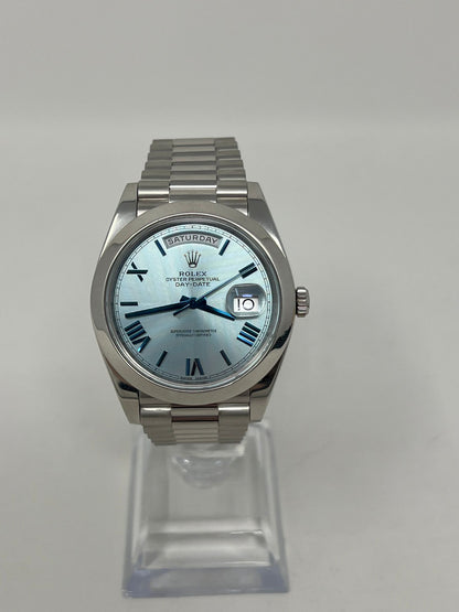 Rolex Presidential Platinum Day-Date 40MM - President Bracelet Watch - Smooth Bezel - Ice Blue Quadrant Motif Bevelled Roman Dial - 228206-0001