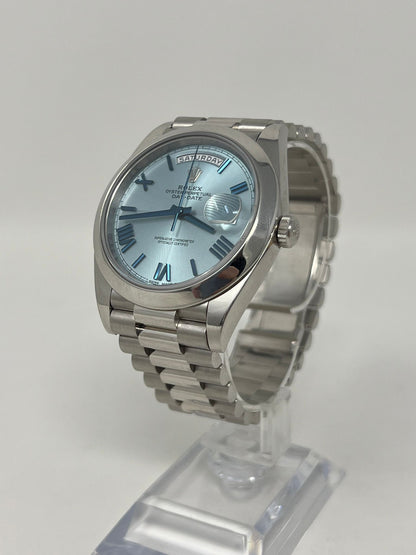 Rolex Presidential Platinum Day-Date 40MM - President Bracelet Watch - Smooth Bezel - Ice Blue Quadrant Motif Bevelled Roman Dial - 228206-0001