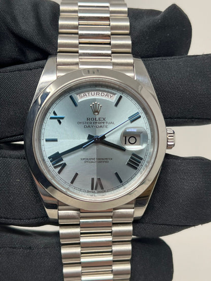 Rolex Presidential Platinum Day-Date 40MM - President Bracelet Watch - Smooth Bezel - Ice Blue Quadrant Motif Bevelled Roman Dial - 228206-0001