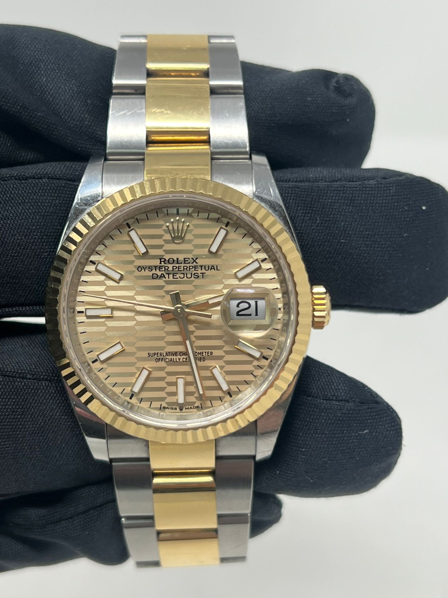 Rolex Stainless Steel And Yellow Gold Datejust - 36 MM - Oyster Bracelet - Fluted Bezel - Golden Fluted Motif Index Dial - 126233 gfmio