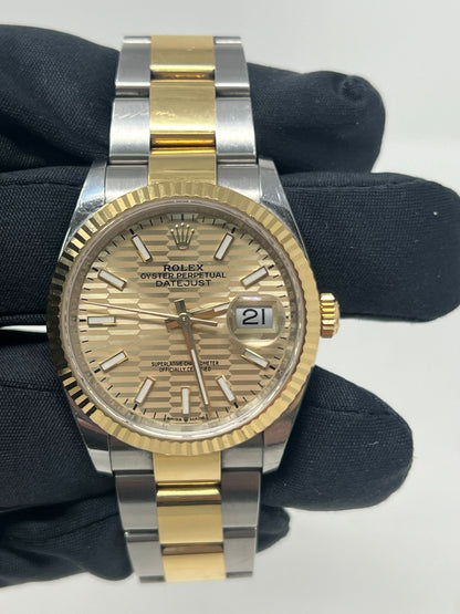 Rolex Stainless Steel And Yellow Gold Datejust - 36 MM - Oyster Bracelet - Fluted Bezel - Golden Fluted Motif Index Dial   - 126233-0040
