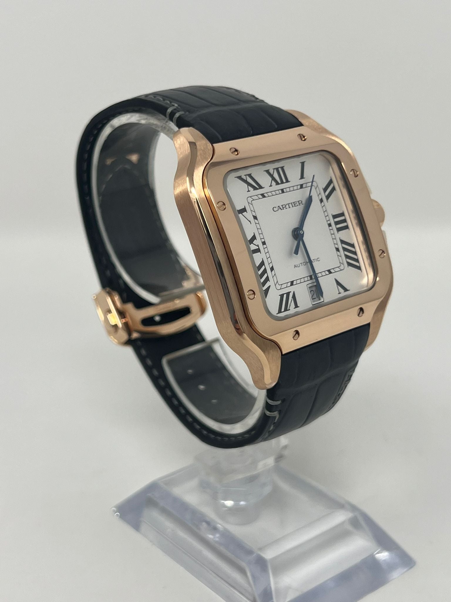 Cartier Santos de Cartier Rose Gold 39.8 MM (Large Model) - Grey Leather Strap - White Dial - WGSA0019