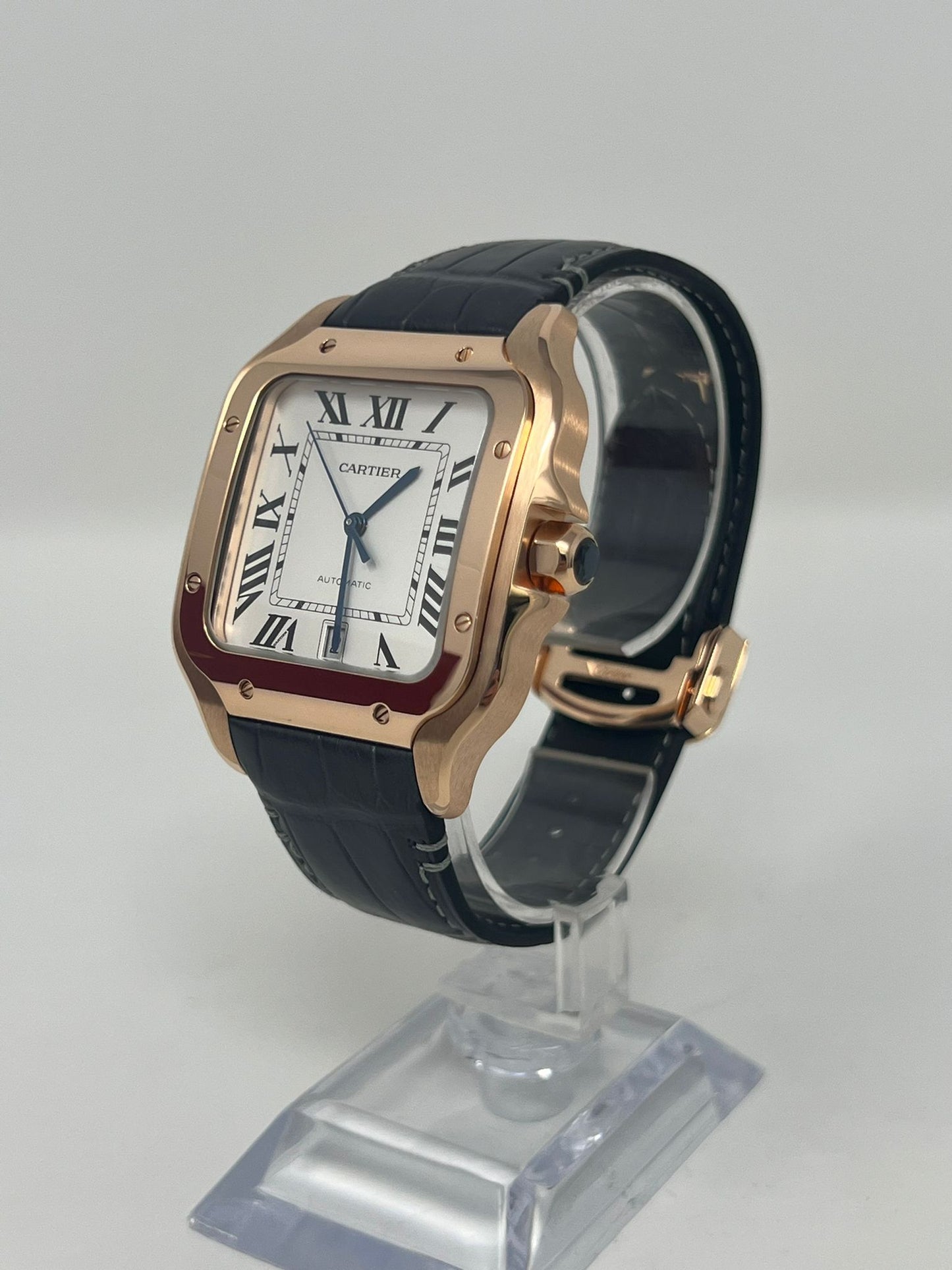 Cartier Santos de Cartier Rose Gold 39.8 MM (Large Model) - Grey Leather Strap - White Dial - WGSA0019