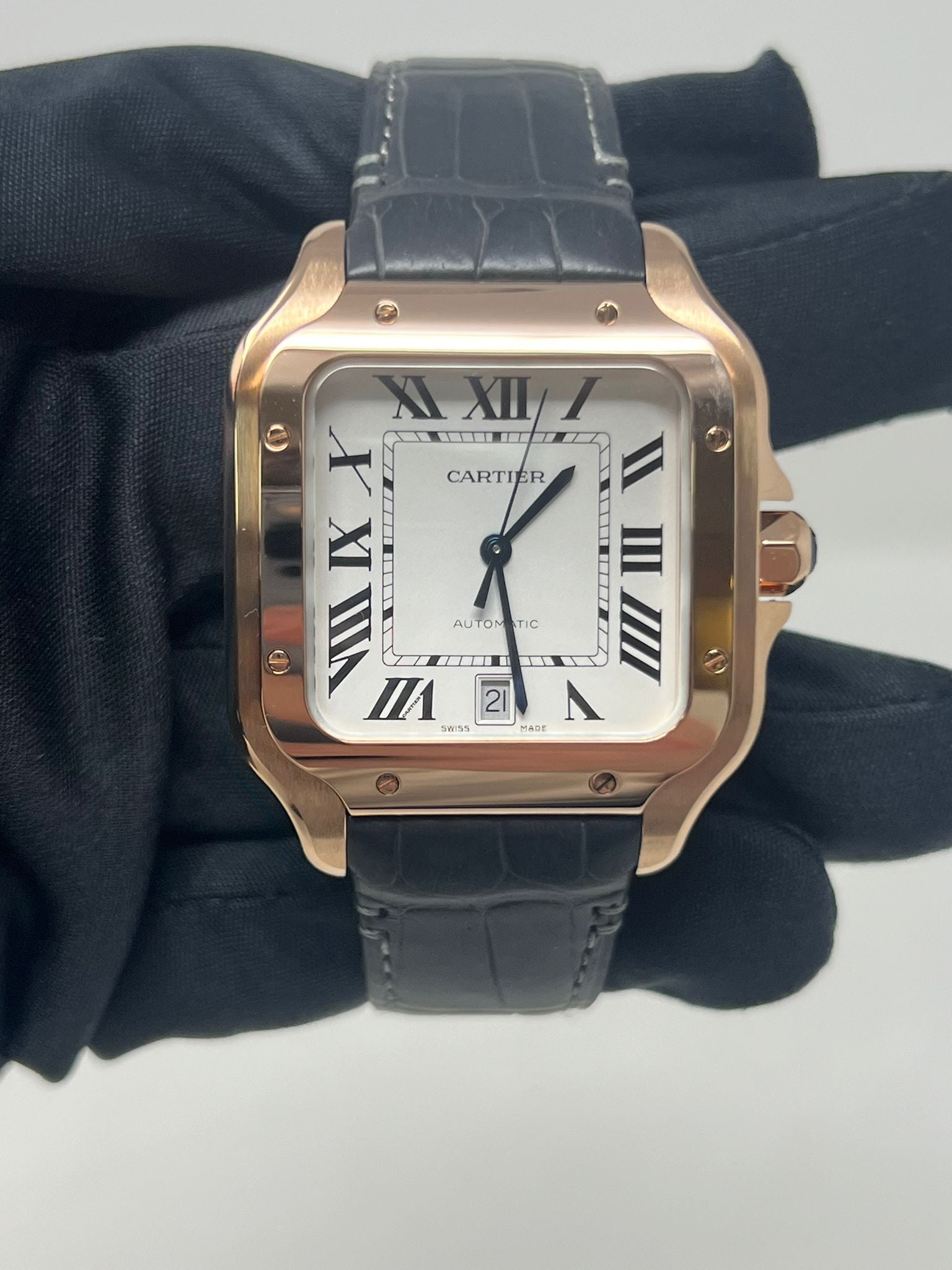 Cartier Santos de Cartier Rose Gold 39.8 MM (Large Model) - Grey Leather Strap - White Dial - WGSA0019