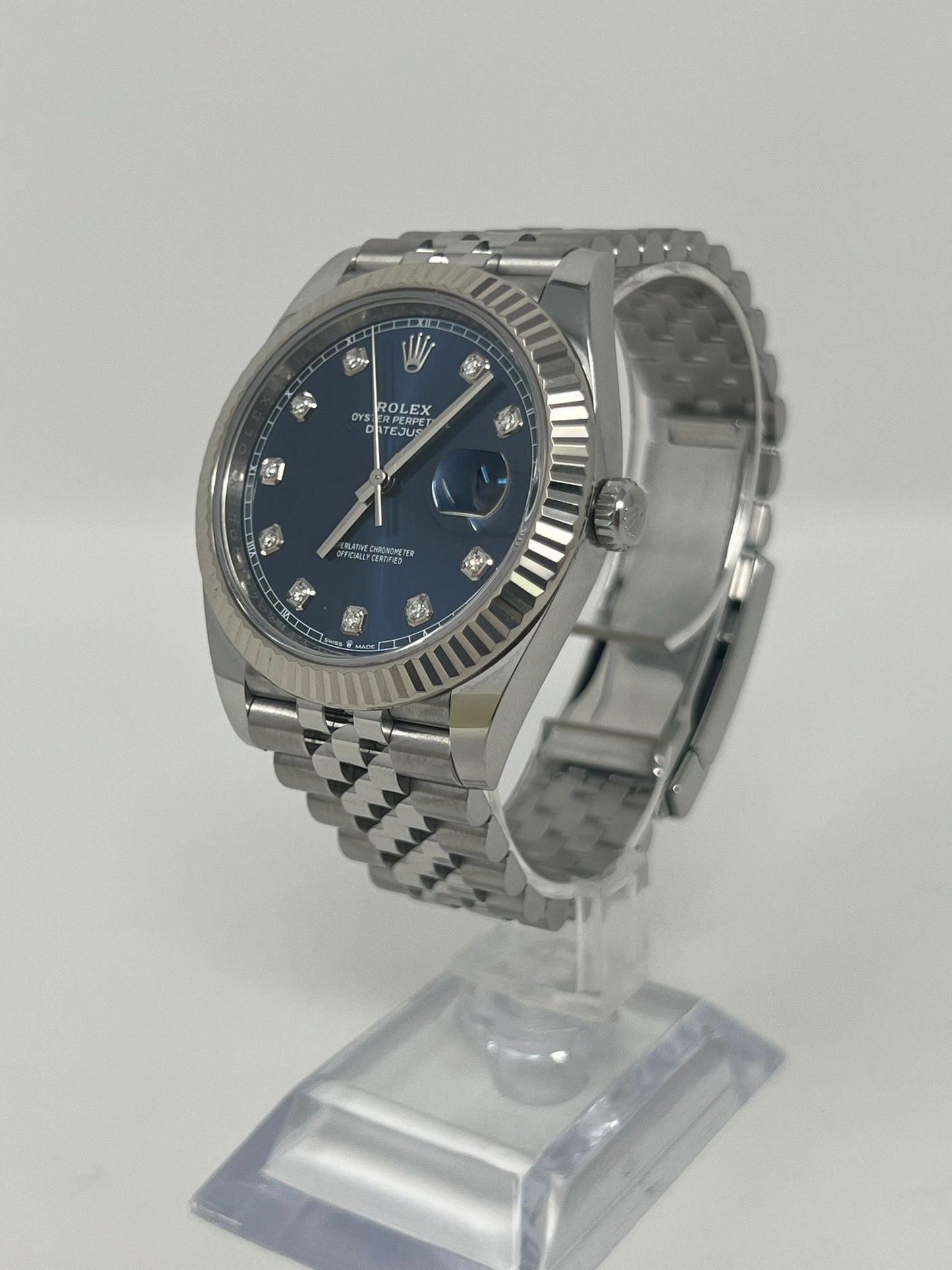 Rolex Stainless Steel and White Gold Datejust 41 Date Watch - 41 MM - Jubilee Bracelet - Fluted Bezel - Blue Diamond Dial - 126334 bldj