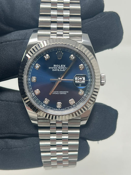 Rolex Stainless Steel and White Gold Datejust 41 Date Watch - 41 MM - Jubilee Bracelet - Fluted Bezel - Blue Diamond Dial - 126334 bldj