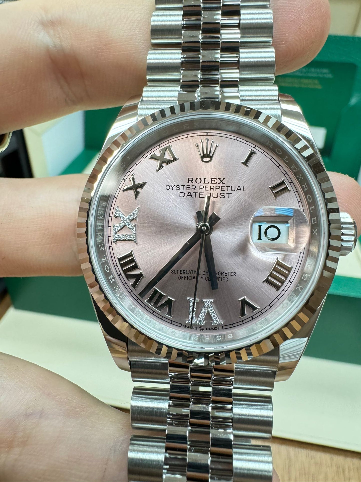 Rolex Stainless Steel And White Gold Datejust - 36 MM - Oyster Bracelet - Fluted Bezel - Pink Jubilee Roman Dial - 126234 pjdo