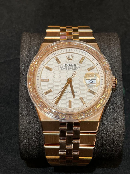 Rolex Land-Dweller - 40 MM - Rose Gold - Honeycomb Motif Intense White Dial - Diamond Bezel - Jubilee Bracelet - 127385TBR-0003