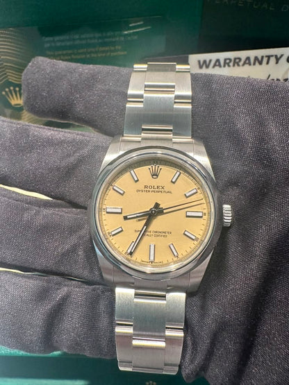 Rolex Stainless Steel Oyster Perpetual No Date Watch - 34 MM - Oyster Bracelet - Smooth Bezel - Beige Dial - 124200-0007