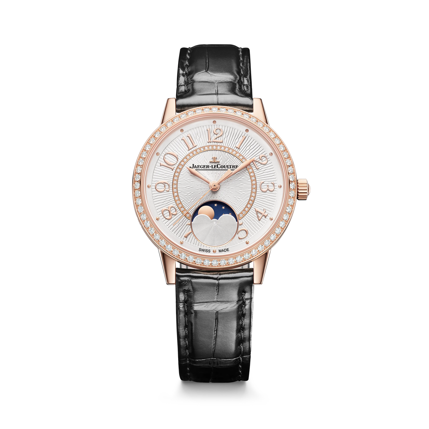 JLC - Rendez-Vous Classic Moon - 34 MM - Pink Gold - Silvered-Gray Guilloché Diamond Dial - Diamond-Set Bezel - Black Leather Strap - Q3572431
