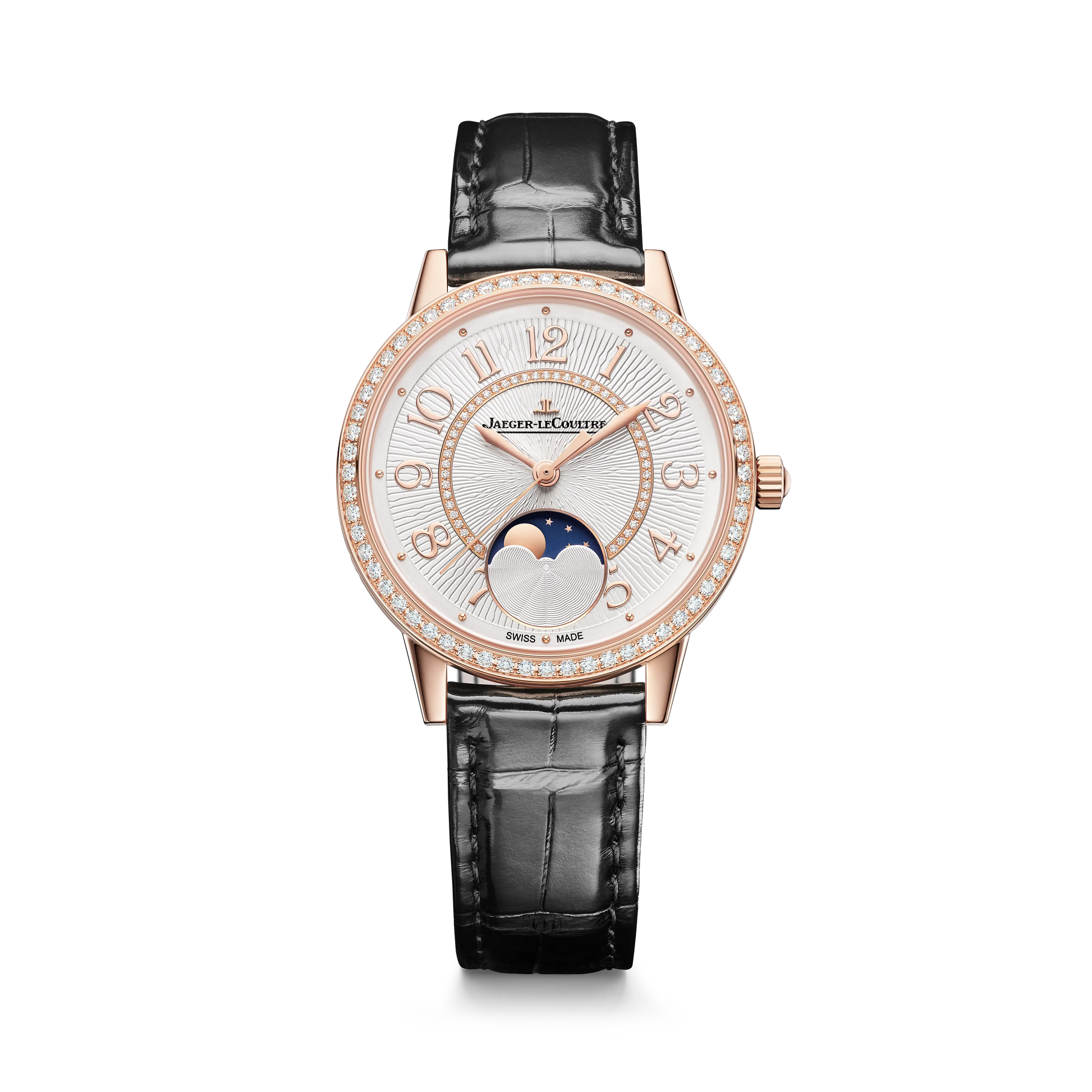 JLC - Rendez-Vous Classic Moon - 34 MM - Pink Gold - Silvered-Gray Guilloché Diamond Dial - Diamond-Set Bezel - Black Leather Strap - Q3572431