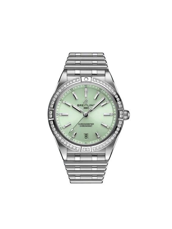 Breitling Chronomat Stainless Steel 36 MM - Stainless Steel Bracelet - Diamond Bezel - Mint Green Dial - A10380591L1A1